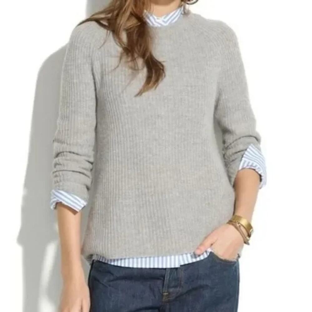 Madewell Stadium Sweater 100% Merino Wool Genuine Leather Size Medium Pristine